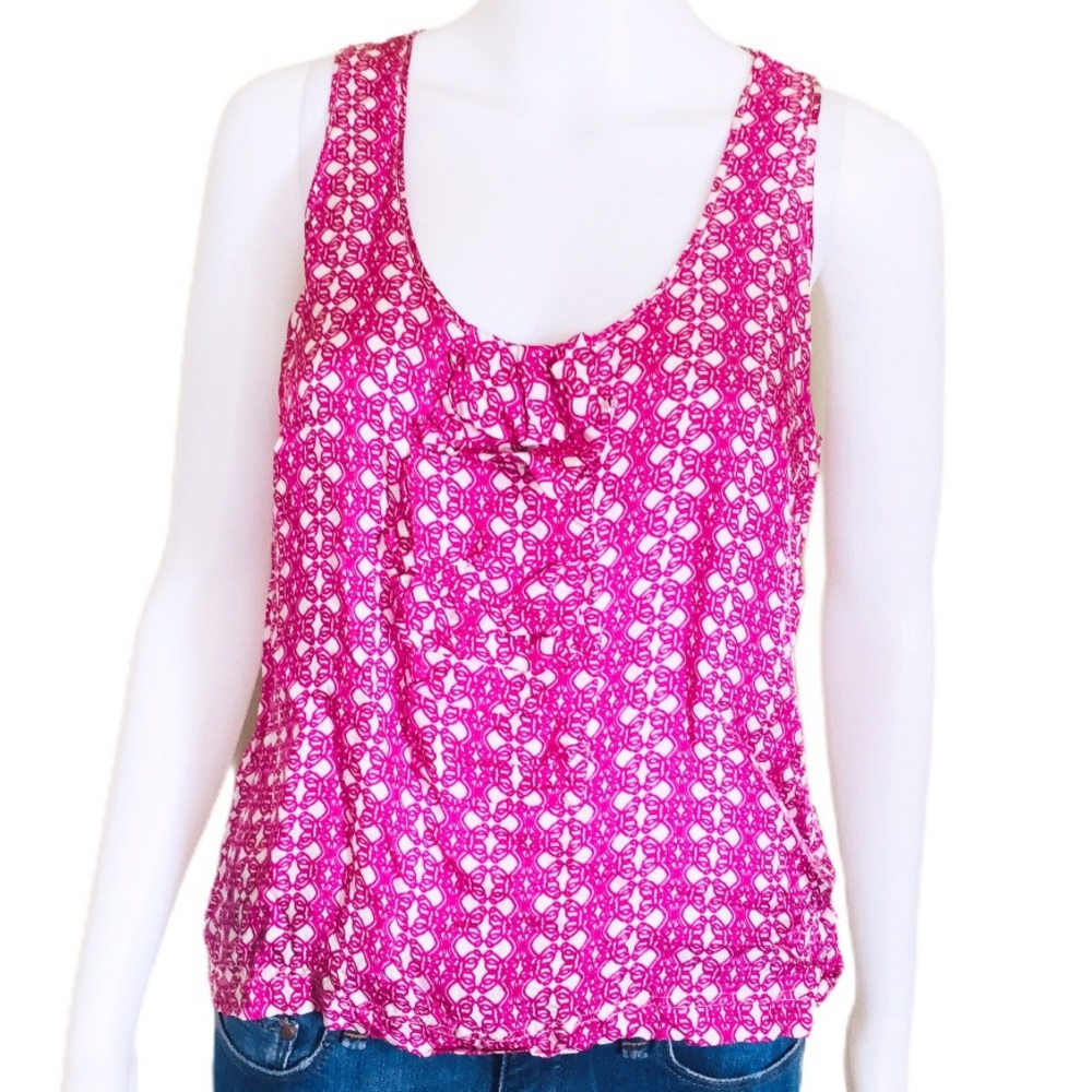 RED VALENTINO Raspberry Pink Geo Print Ruffle Front Tank Blouse 6